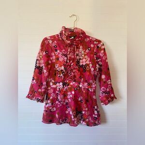 J.crew Retro Flower Ruffle Floral Blouse Size 6 3/4 Sleeve Cotton Ramie